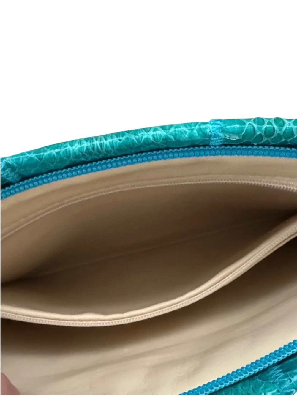 Vintage 80s Teal Snakeskin Panel Crossbody Clutch Bag Removable Strap Excellent